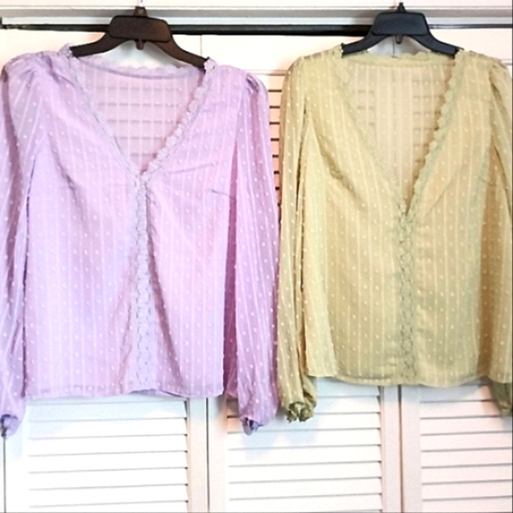 NWOT Lavender & Sage Green Swiss Dot V-Neck Blouses (M)